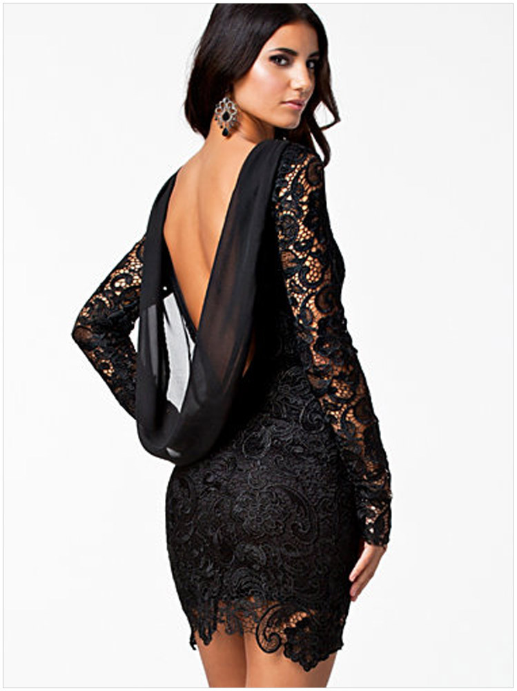 F2330Fashion Lace Flower Patterned Long Sleeve Backless Skintight Skirt Black